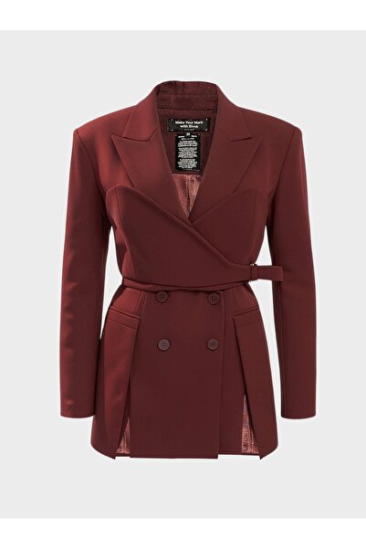 RİVUS Kuşaklı ve Modüler Büstiyer Detaylı Blazer Ceket - Bordo