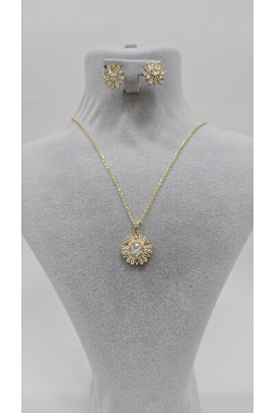 NO NAME Güneş Tema Paslanmaz Çelik Gold Renk Zirkon Taşlı Kolye, Küpe Set