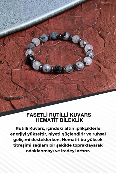 Saff Doğal Taş Fasetli Rutilli Kuvars Hematit Bileklik