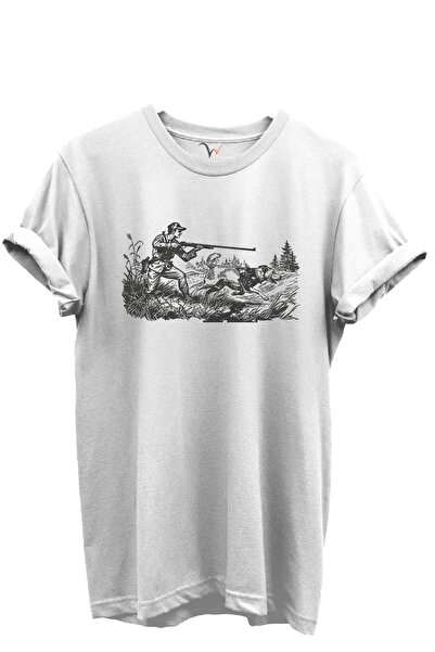 WİDİ Унисекс тениска с качула, 100% памук, с мотив на ловец и ловни кучета, п...