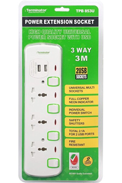 Terminatör موزع طاقة Terminator بثلاثة منافذ كهربائية ومنفذي شحن USB مع كابل بطول 3 أمتار - TPB 853U