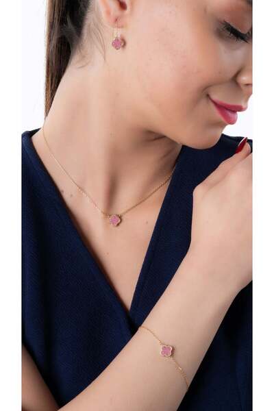 YCL JEWELLERY 8 Ayar Altın Pembe Yonca Figürlü Takı Seti