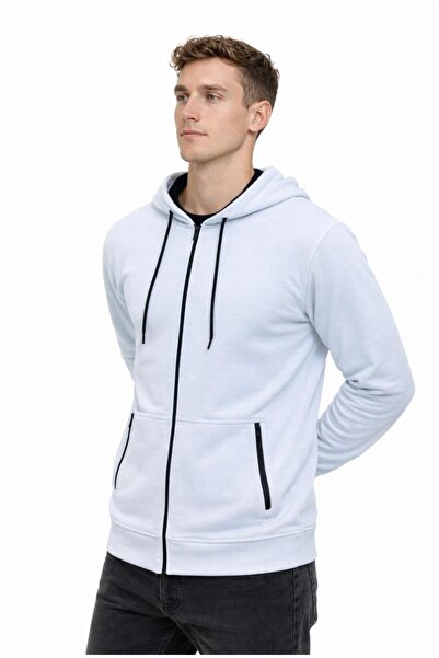 AXXEL Erkek Buz Mavisi Fermuarlı 3 İplik Şardonsuz Kapüşonlu Sweatshirt-W1148