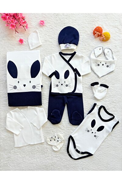 CONCON Lacivert Kedicik desenli 10’lu yenidoğan hastane çıkışı bebek seti