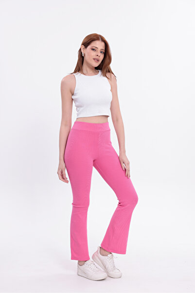 MYZ LİFE بنطلون عالي الخصر أزرق بلون الكوبالت قماش مجدّل حياكة مضلعة قماش واس...