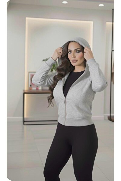 RVZ HOME Women's Hooded Zippered Fleece-Lined Thread Reglan Sleeve Sweatshirt