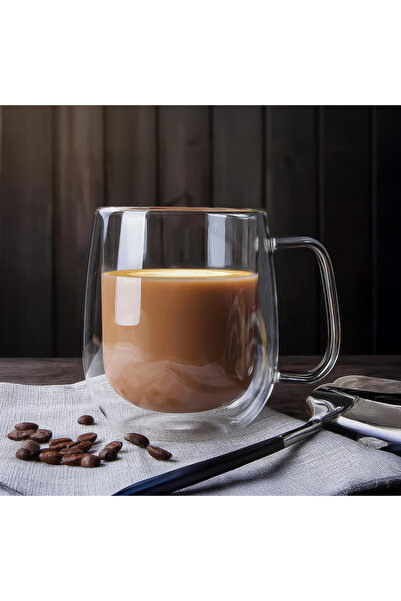 Store Çift Camlı Çift Cidarlı Cam Kupa 250 ml Ev Ofis Fincan Çift Katlı Isı Yalıtımlı Kulplu Bardak Fincan