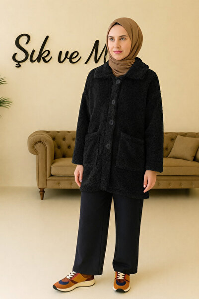 ŞIK VE MUTLU Long Hijab Buttoned Plush Coat