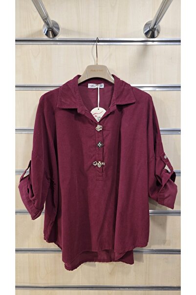 Park Moda Broşlu Kadife Gömlek