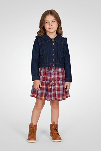 NANETTE LEPORE فستان بناتي من قطعتين بنقشة مربعات مع جاكيت جينز، متعدد الألوان