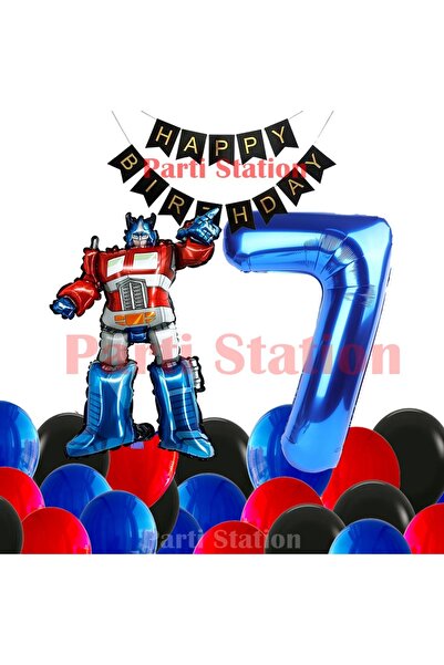 Parti Station Transformers Optimus Prime 7 Yaş Doğum Günü Balon Seti Folyo Ra...