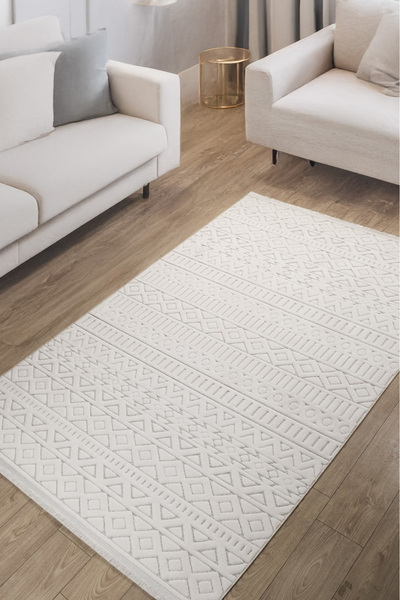 Lexa Krem Geometrik Desenli Dokuma Halı Yıkanabilir Salon Oturma Çocuk Odası ...