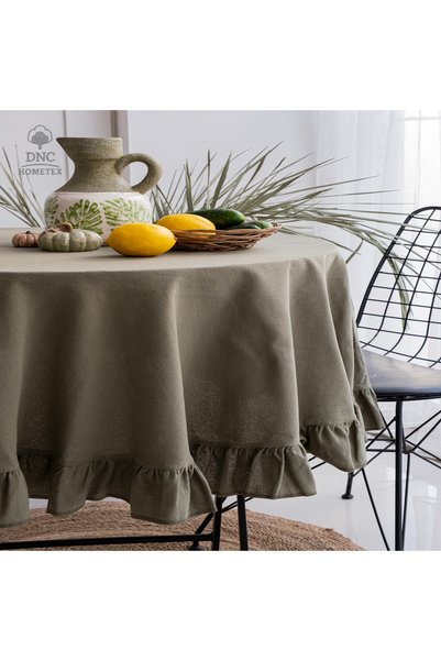 DNC home tekstil Premium Keten Haki Fırfırlı Yuvarlak Masa Örtüsü