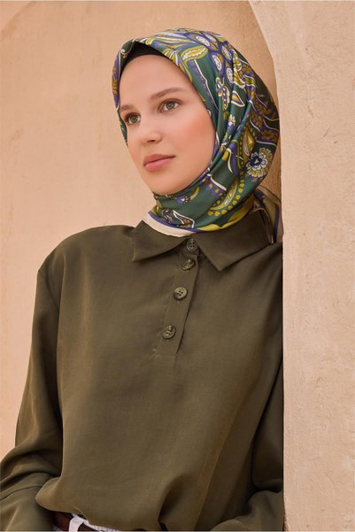 Belli Dark Green Ethnic Pattern 100% Twill Silk Scarf 4111 - 51