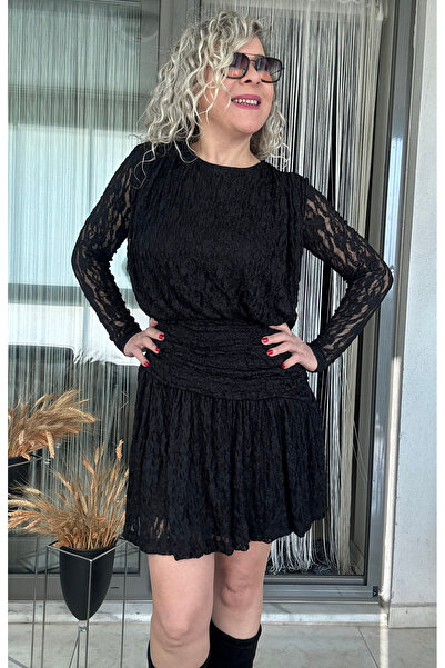 Dila Butik Drapeli Dantel Mini Elbise