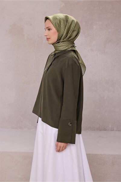 Belli Eșarfă de mătase cu model geometric 4203D (Twill) Kaki - 11