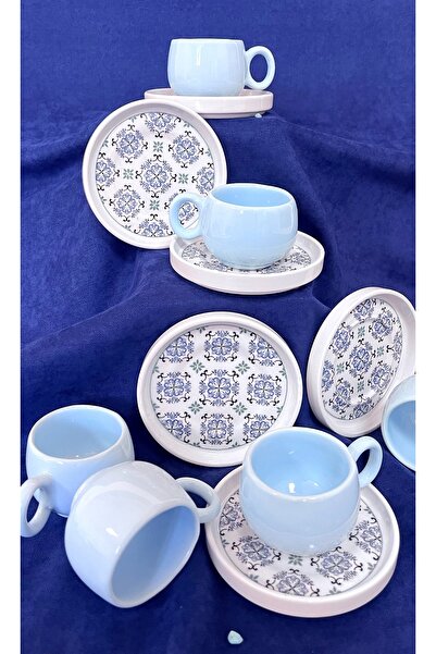 Erbaşlar Mavi Menekşe Tombul 12 Parça 6 Kişilik Lüx Seramik Kahve Fincan Takımı