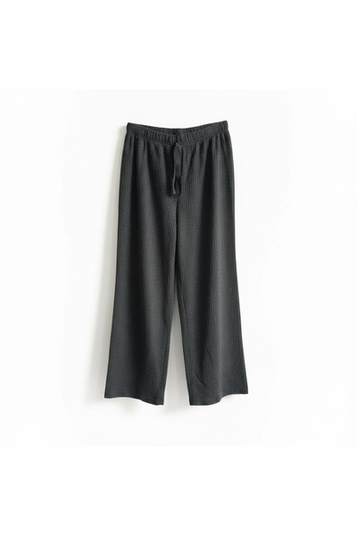 FEG STORE 75% Cotton Anthracite Ribbed Knitwear Trousers with Elastic Waist