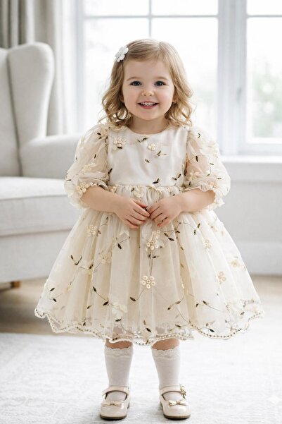 BİLGEN Style فستان عيد للأطفال البنات، قطن بلون كريمي، تفاصيل وردة ثلاثية الأبعاد، بطانة من التول، للأعمار من 1 إلى 5 سنوات
