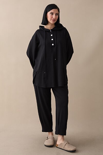 InStyle Hooded Button Double Breasted Black Modal Suit