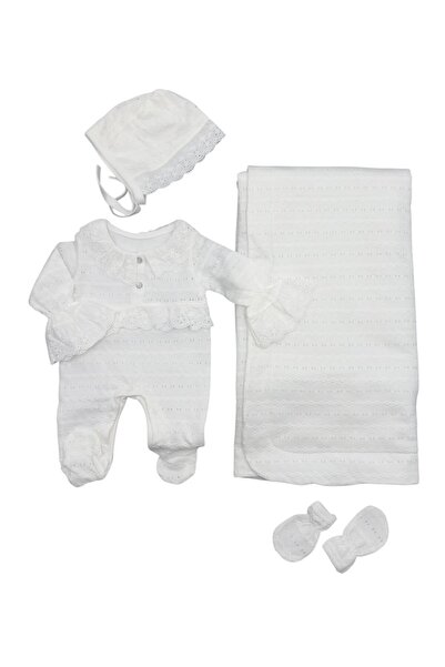 Baby day طقم مواليد قطن 100% أبيض مع تطريز ناعم – سلوبيت وبطانية وقبعة