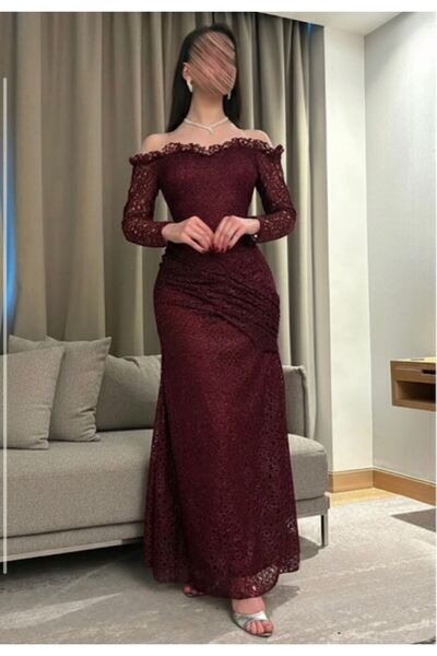 Mira فستان سهره دانتيل لماع اللون عودي خمري جميل ورائع جدا وبارز