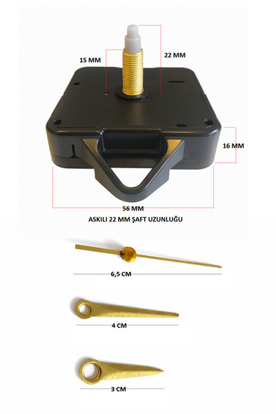 EXİZ TİCARET Askılı 22 mm Akar Sessiz Duvar Saati Mekanizması -Metal akrep-ye...