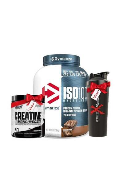 DYNOMOS دايمايز آيزو 100 فادج براوني [5 أرطال] + نوتريكس كرياتين مونوهيدرات [300 غرام] + كوب خلط مجاني