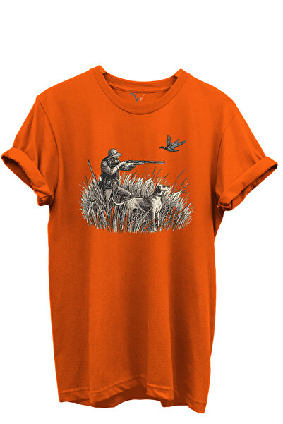 WİDİ Outdoor Hunting Hunter, Dog and Bird Patterned 100% Cotton Regular Fit Crew Neck Unisex T-Shirt