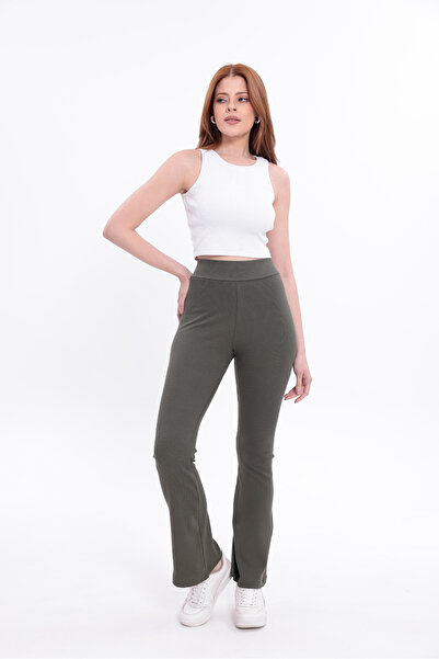 MYZ LİFE Yüksek Bel Haki Fitilli Kumaş İspanyol Paça Pantolon