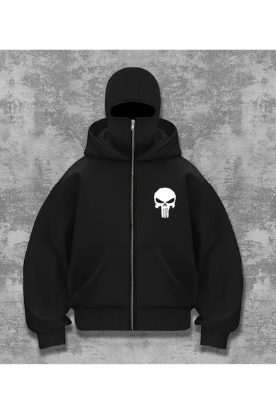 DEEFWEAR Punisher Mini Baskılı UNİSEX BALACLAVA NİNJA FERMUARLI SWEATSHIRT/ 3 İPLİK ŞARDONLU KUMAŞ