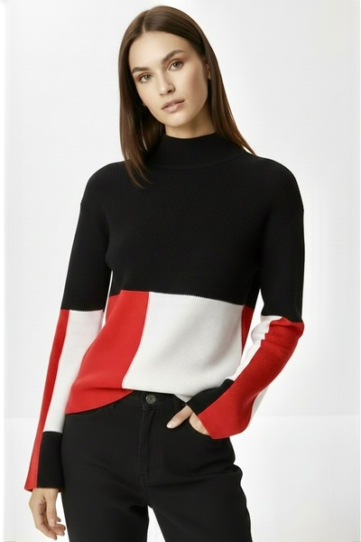 lamea Women's Corded Fabric Color Block Trend Knitwear Sweater - Black