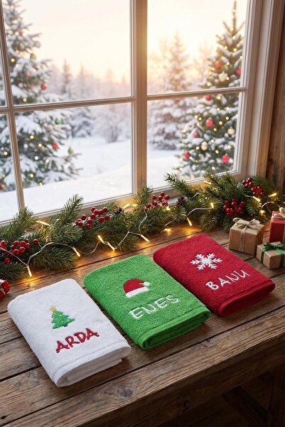 Atölye Müge Kişiye Özel Yılbaşı Havlu Seti – İsimli Nakışlı El Havlusu (Çam Ağacı / Noel Şapkası / Kar Tanesi)
