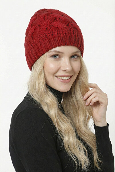 nacar çarşı Kadın Bordo Renk Saç Örgü Desenli Kışlık Triko Bere - Yumuşak Dok...