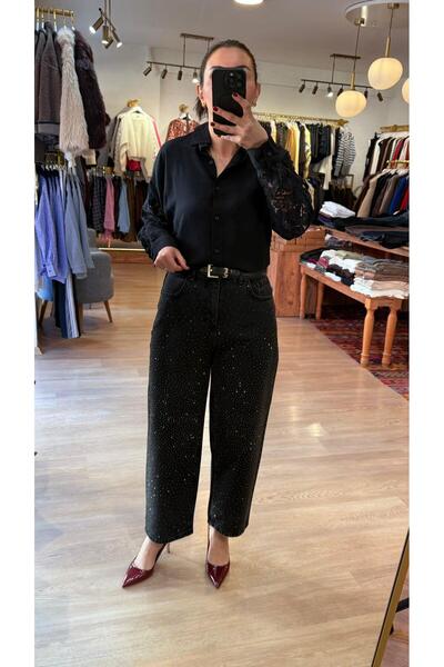 EYYE BUTİK Taş Detaylı Mom Jean Füme