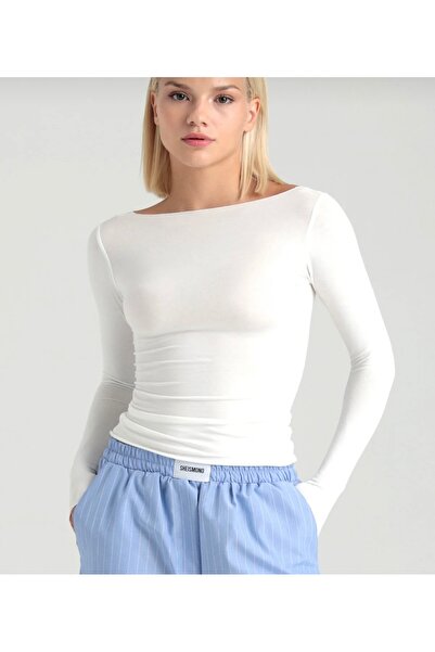 LUMİ Ultra Soft Boat Neck Slim Fit Long Sleeve Black Blouse