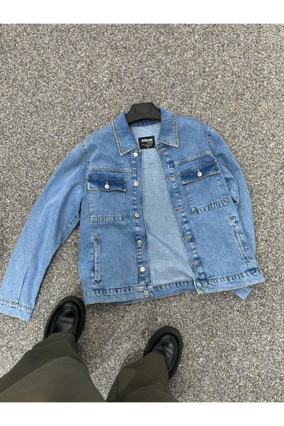 STARKMEN Stark Oversize Buz Mavisi Düğmeli Kot Ceket