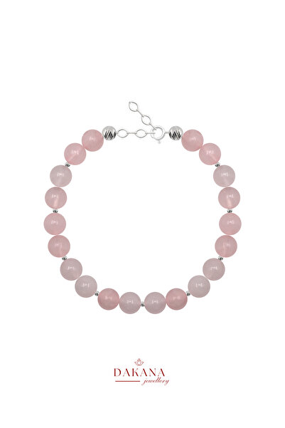 DAKANA JEWELLERY Sertifikalı Pembe Kuvars Taşı 6 mm Gümüş Doğal Taş Bileklik