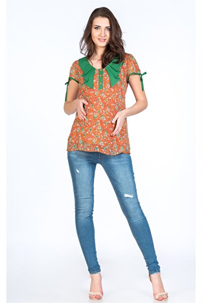 BUSA Maternity Blouse Button Collar Pattern Printed Orange