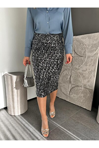 Zerrincan Giyim Gümüş Pullu Kalem Etek