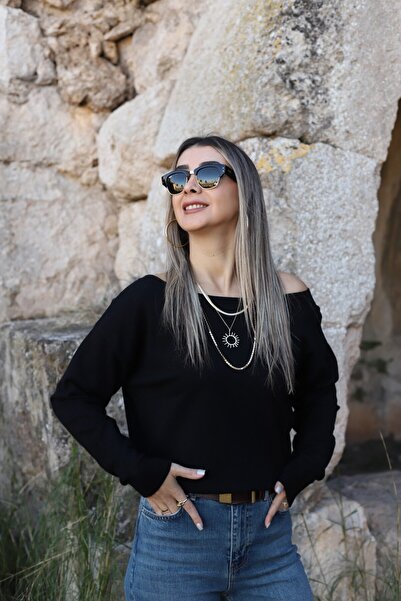 bytugcekaya Black Standard Size One Shoulder Open Knit Sweater