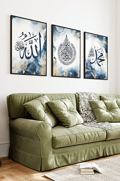 kutuTR Siyah Çerçeveli 2D UV Baskı 3’lü MDF Tablo Set – İslami Hat Sanatı Tem...