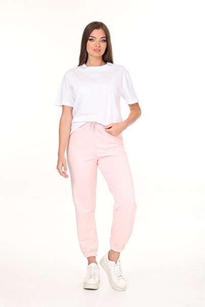 HEDEF DAİSY Women's Elastic Waist, Lace-Up Front, Elasticated Leg Openings, Two-Thread Pink Color Sweatpants.