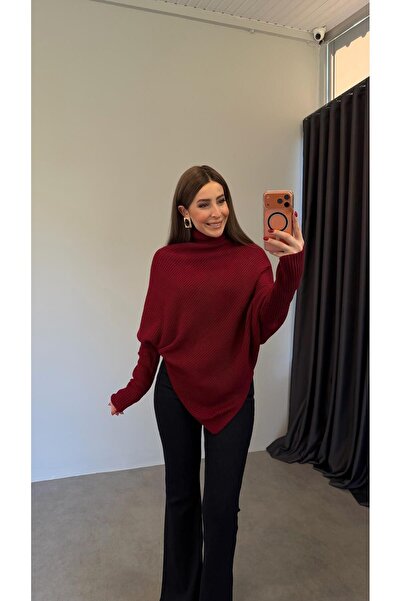 elif teke Asimetrik Kesim Boğazlı Triko Kazak Bordo