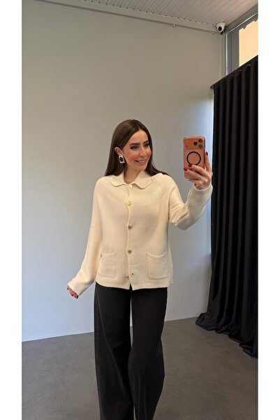 elif teke Mishi Cepli Gold Düğmeli Triko Hırka Ekru