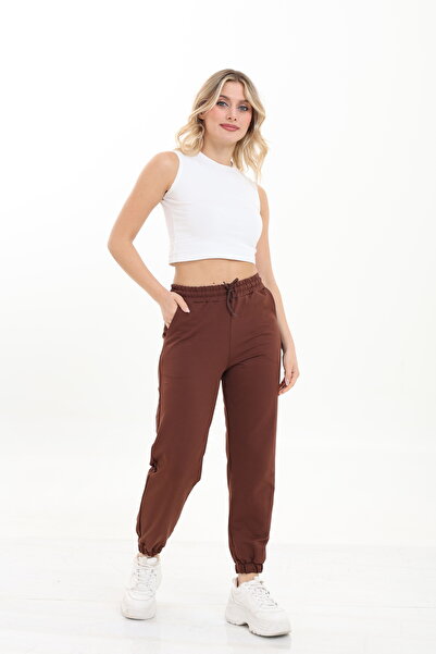 HEDEF DAİSY Women's Elastic Waist, Lace-Up Front, Elasticated Cuffs, Two Thread Brown Sweatpants.