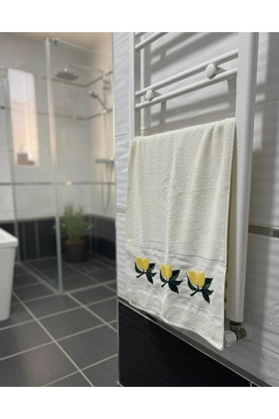 Ars Buğra Home 1 منشفة مطرزة بنقشة الليمون لليدين والوجه - 100% قطن - 50 × 90 سم -