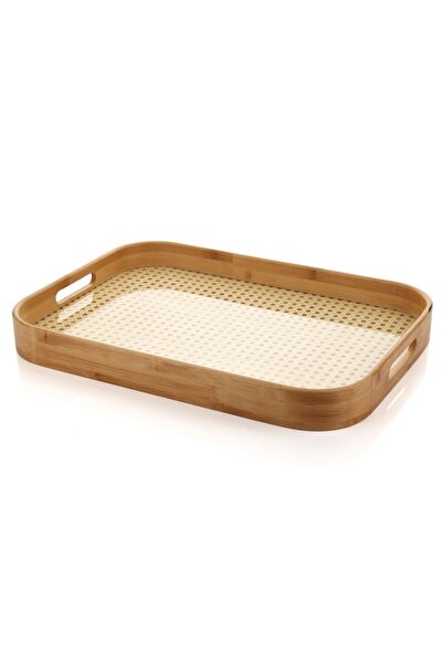 MİEN 46×33 cm Dikdörtgen Bambu Hazeranlı Rattan Tepsi