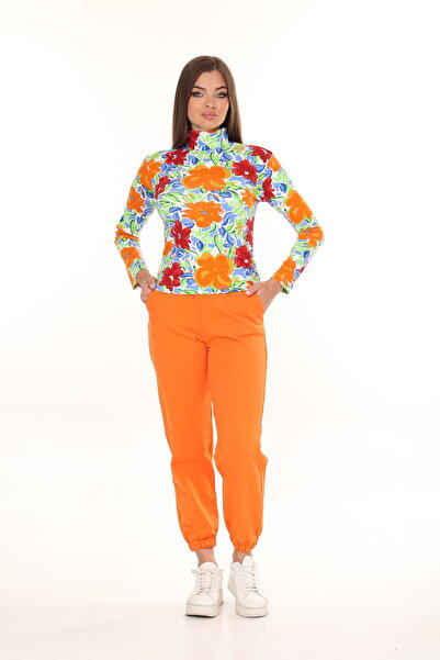 HEDEF DAİSY Women's Elastic Waist, Lace-Up Front, Elasticated Cuffs, Two-Thread Orange Color Sweatpants.
