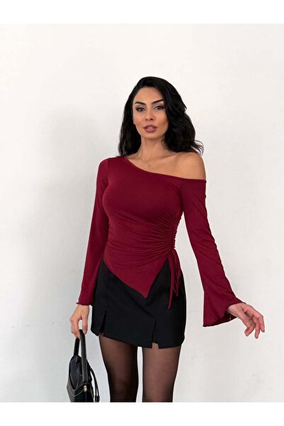 Freya Kadın Asimetrik Kesim İspanyol Kol Beli Büzgülü Sandy Bluz